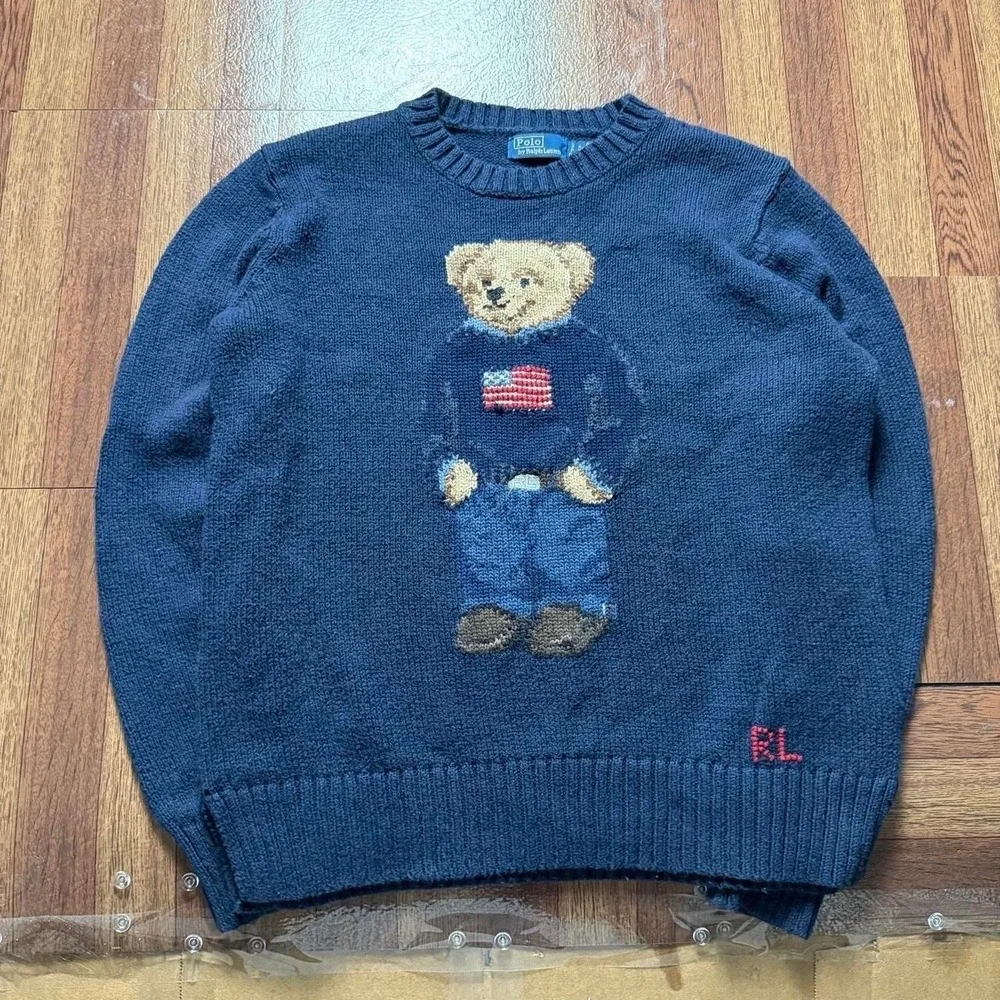 Polo Ralph Lauren Blue Vtg USA American Flag Polo Bear Knit Sweater Small FLAW